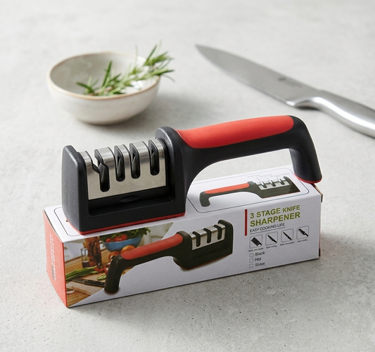 Professional 3-Stage Kitchen Knife Sharpener | Manual Sharpening Tool for Steel & Ceramic Knives | Ergonomic Handle & Non-Slip Base for Effortless Grip