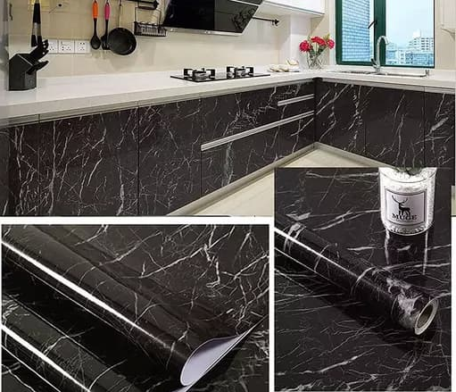 Self-Adhesive Kitchen Black Marble Sheet- Waterproof Heat Resistant Sheet for Living Room, Bathroom, Kitchen Countertops Black Sheet - 02 Meter - Pack Of 03