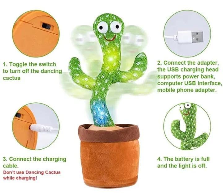 Interactive Dancing Cactus Toy – Singing, Talking, Voice Recording Plush with USB Rechargeable Function – Fun Educational Gift for Babies and Kids (Ages 6 Months &amp; Up) - Rechargeable &amp; With Box