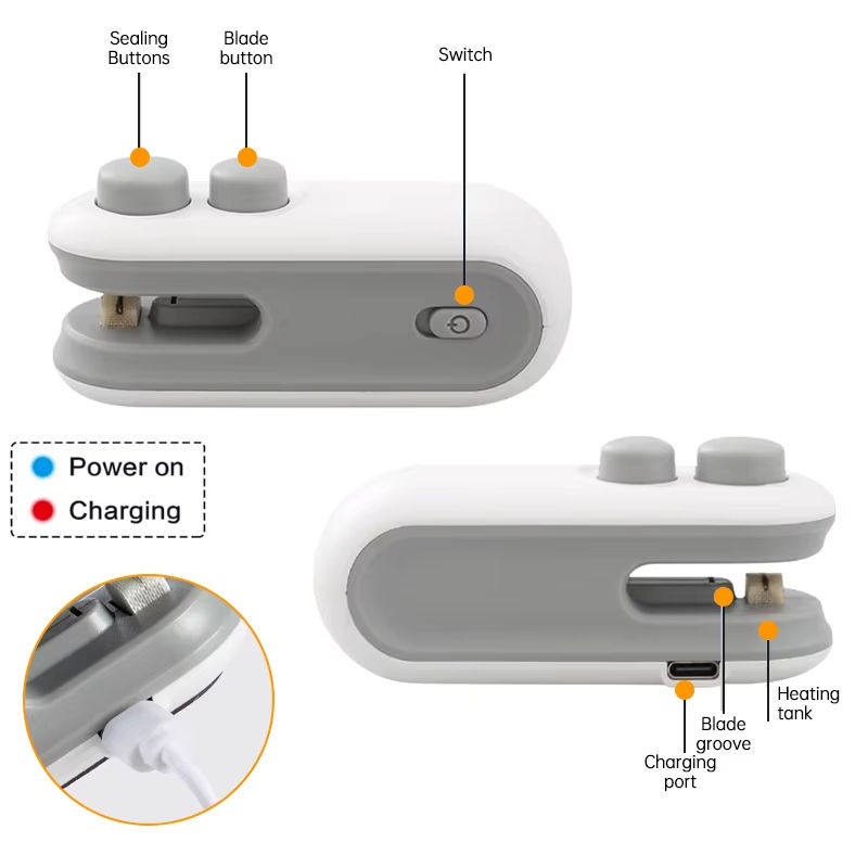 Mini Heat Sealing Machine - Features Diagram showing Sealing Buttons, Blade Button, Switch, Charging Port, Blade Groove and Heating Tank