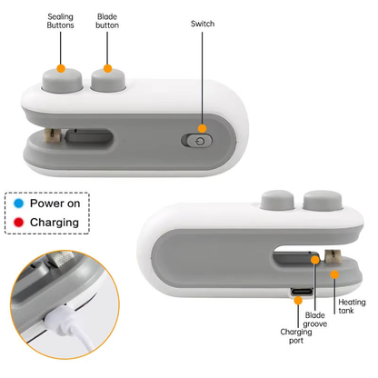 Mini Heat Sealing Machine - Features Diagram showing Sealing Buttons, Blade Button, Switch, Charging Port, Blade Groove and Heating Tank