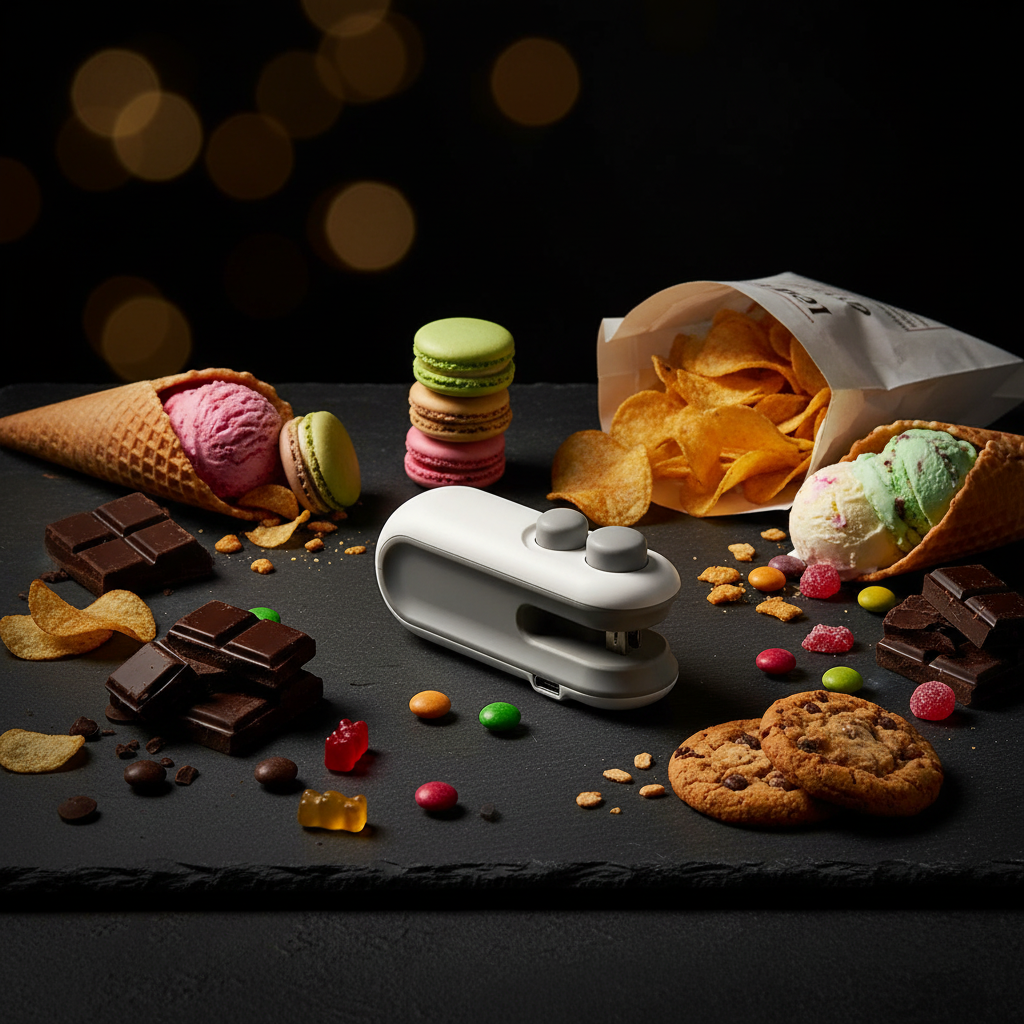 Mini Heat Sealing Machine with chocolate, ice cream, crisps and snacks - dark moody lifestyle