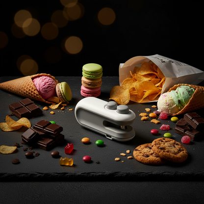 Mini Heat Sealing Machine with chocolate, ice cream, crisps and snacks - dark moody lifestyle